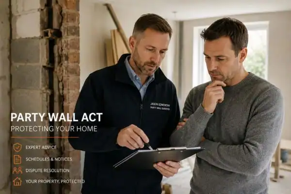 Party wall surveyor Newham discussing extension plans with homeowner outside a UK semi-detached house.